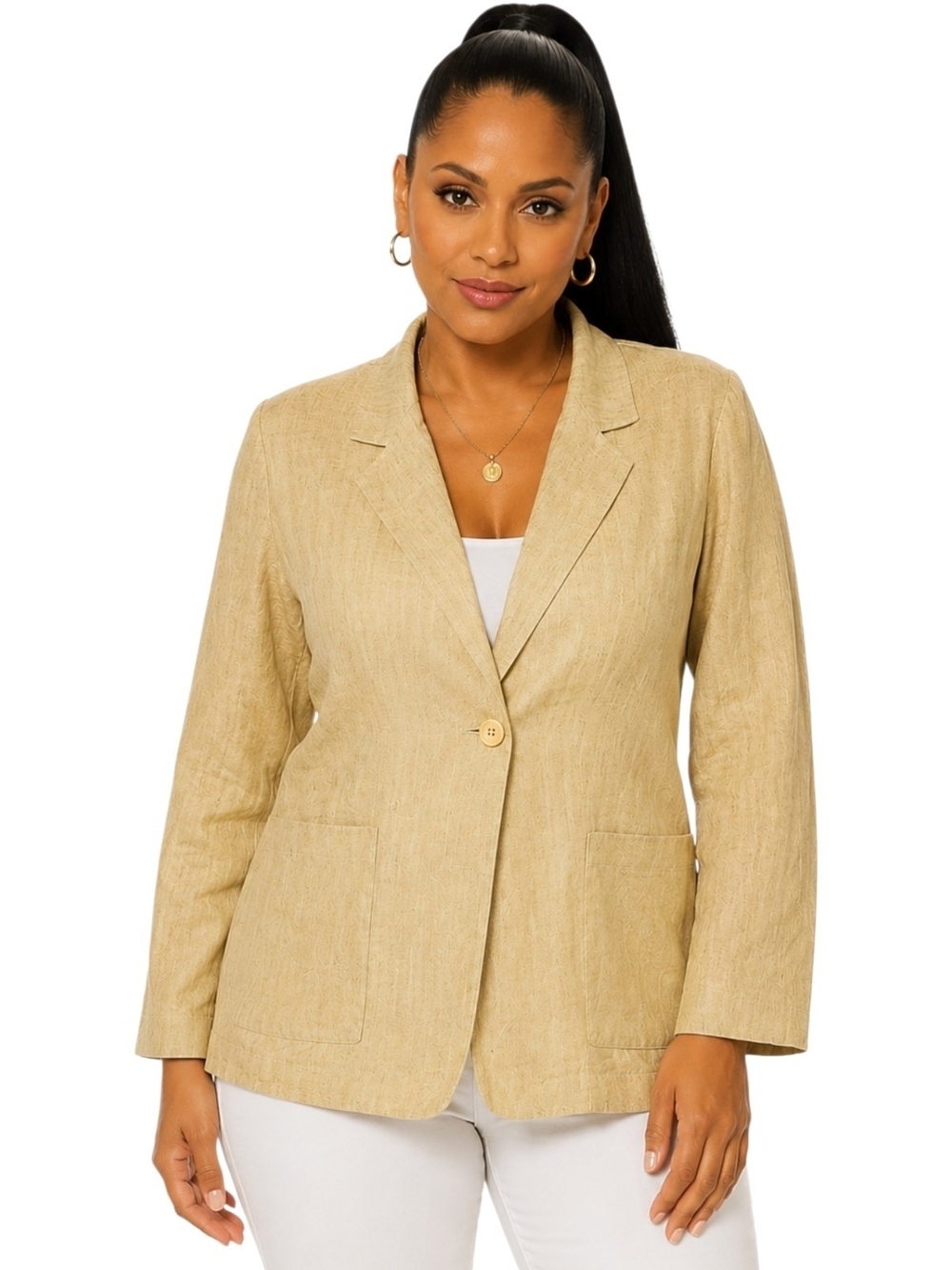 Courtenay Women's Beige Linen Blend One-Button Blazer Jacket Size 12.